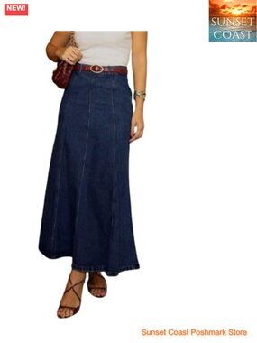Patchwork Denim Maxi Skirt High Waist A-Line Flowy
